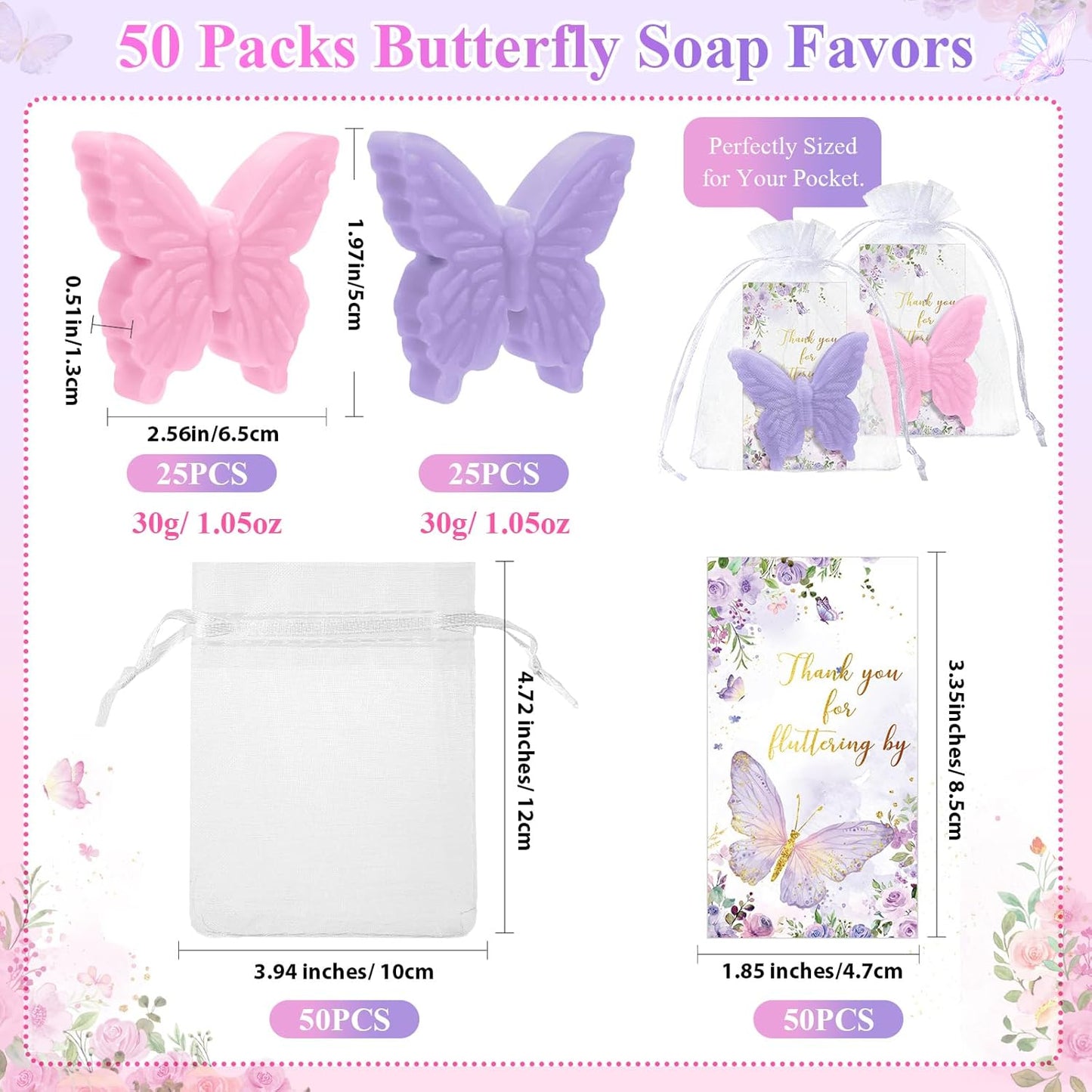 Dunzy 50 Set Butterfly Theme Baby Shower Favors for Guests Butterfly Soap Favors with Thanks You Cards Gift Bags Gender Reveal Baptism Party Decorations Wedding Bridal Souvenirs (Purple,Pink)