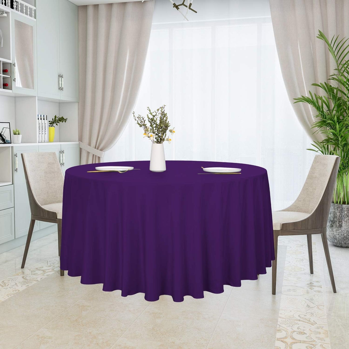 sancua Round Tablecloth - 120 Inch - Water Resistant Spill Proof Washable Polyester Table Cloth Decorative Fabric Table Cover for Dining Tables, Buffet Parties and Camping, Purple