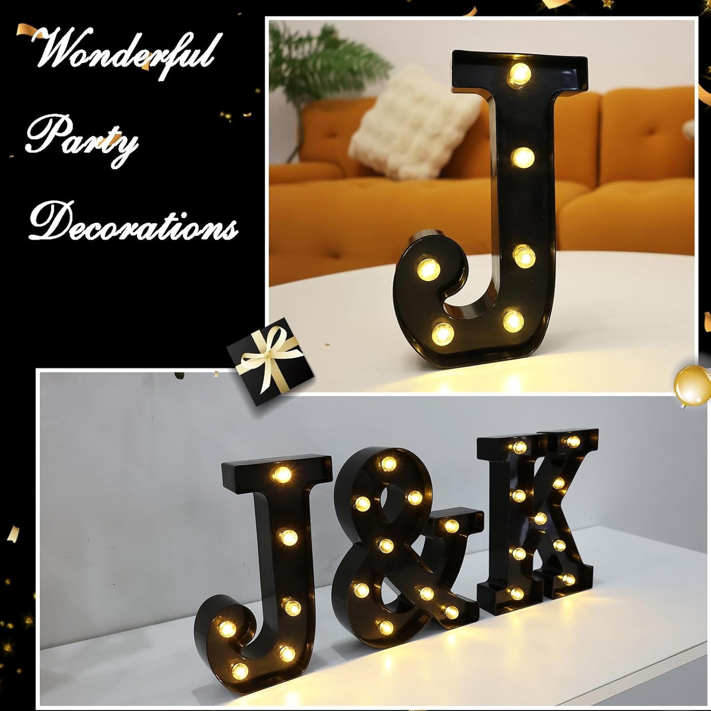 Led Marquee Letters, 8.58 Inch Black Light Up Letters, Small Led Letter Lights, Battery Powered Lighted Letterfor Table, Party, Birthday, Christmas Decor (Black, Letter J)