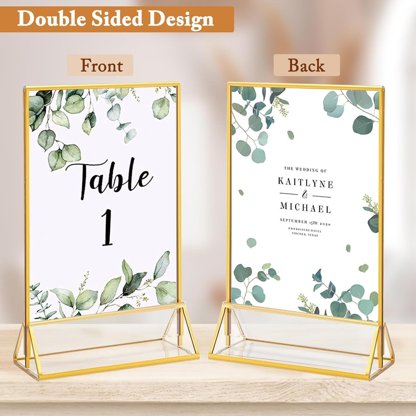 Floroom 6 Pack 5x7 Inch Clear Acrylic Sign Holders, Double-Sided Gold Display Stand Picture Frames for Table Numbers, Menus, Flyers, Weddings, and Offices