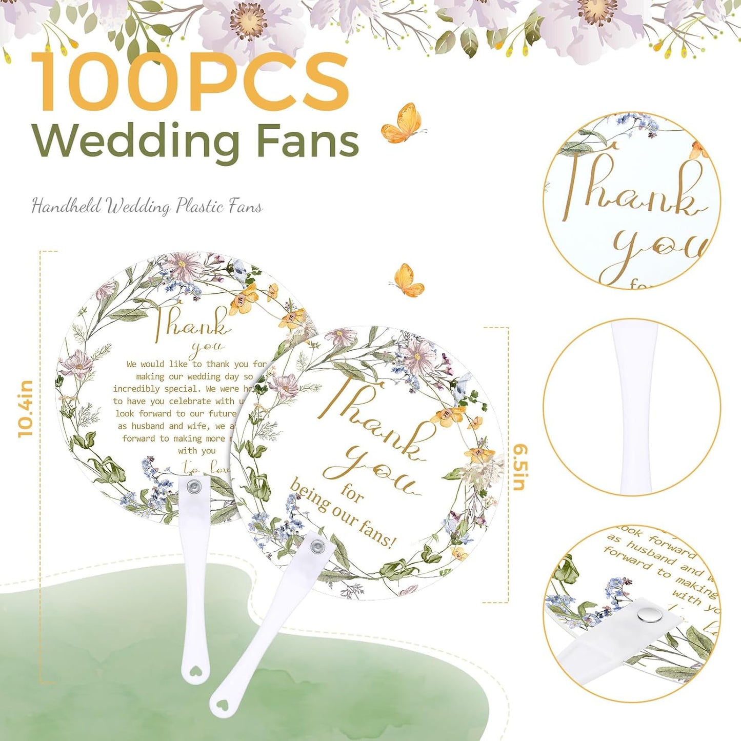 Roowest 100 Pcs Wedding Fans for Guests Bulk Plastic Floral Handheld Wedding Fans with Handle Thank You for Being Our Fan for Ceremony Bridal Baby Shower Party Favors Decoration(Fresh Style)