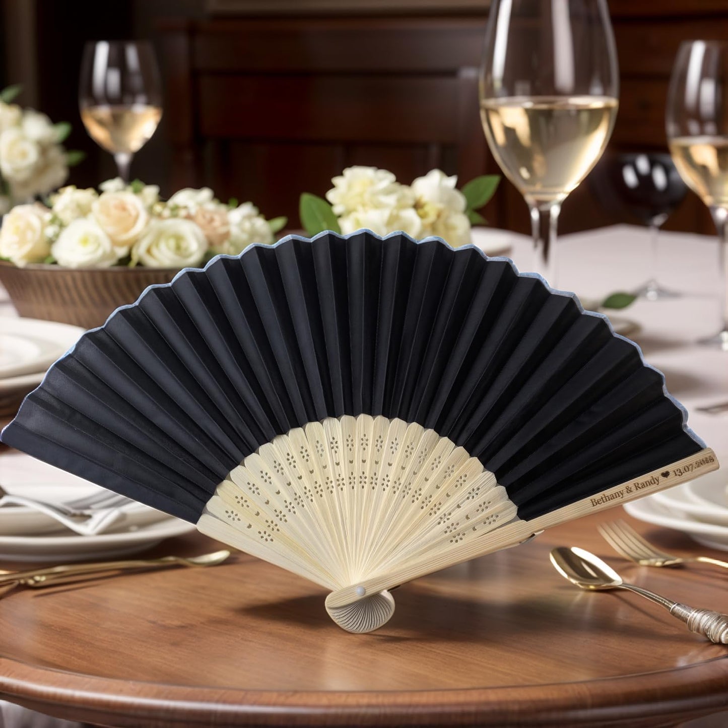 40Pcs Personalized Silk Fans Folding Hand Fan, Custom Wedding Bridal Party Favors, Summer Wedding Bride, Wedding Gift, Thank You Gift (Black)