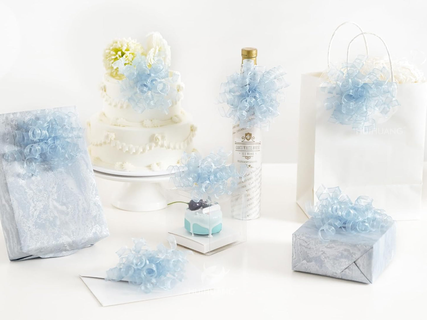 HUIHUANG Blue Bows for Gift Wrapping Burst Curly Gift Bows 5 inch x 8 Counts Self-Adhesive Curly Ribbon Bow for Presents, Treat Bags, Baby Shower Favors, Wrapping Accessories, Party Decor