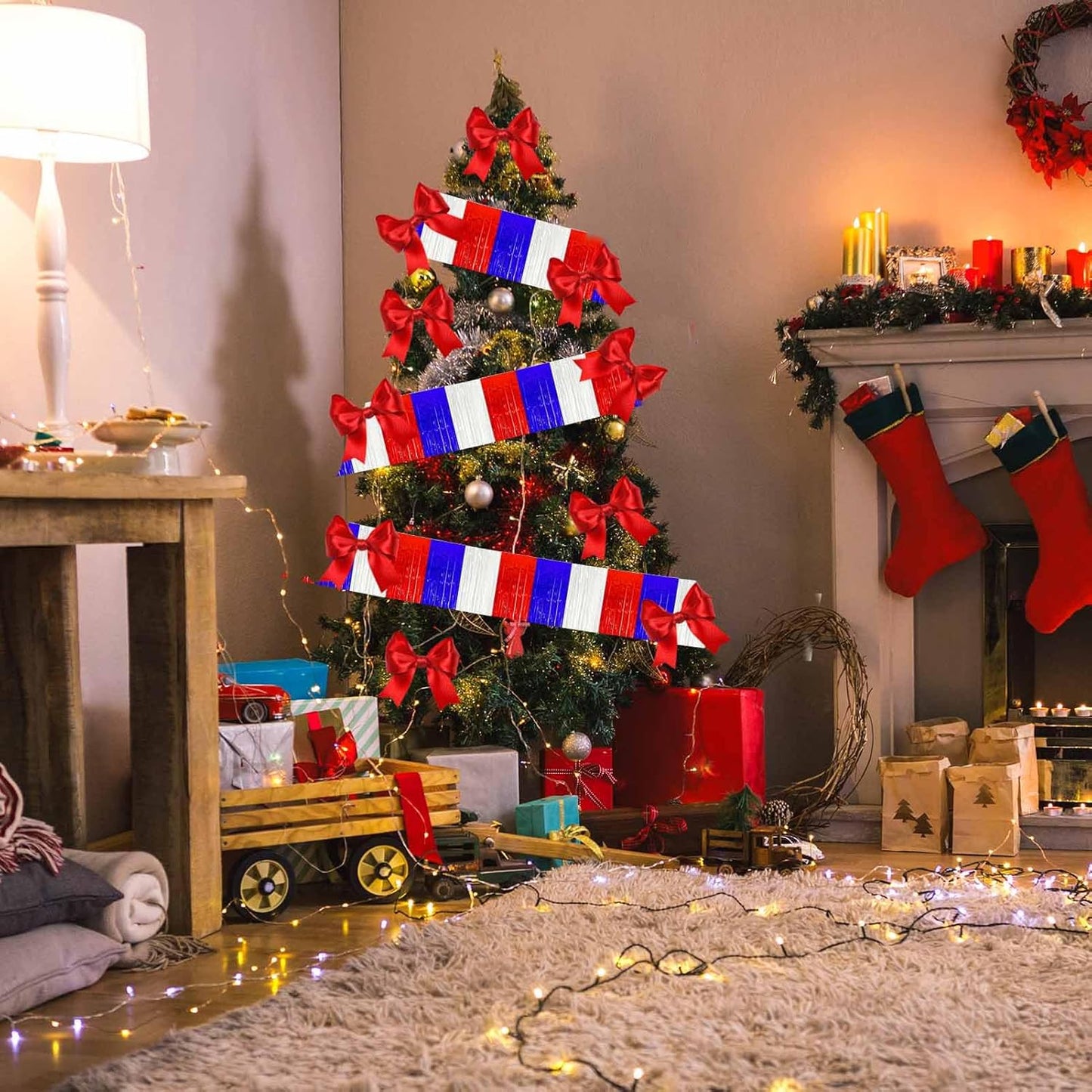 6 Pack 10 Feet White Blue Red Foil Fringe Garland Metallic Tinsel Streamers Banner Wall Hanging Curtain Backdrop for Parade Floats, Birthday, Graduate, Mother's Day, Wedding Party Decoration