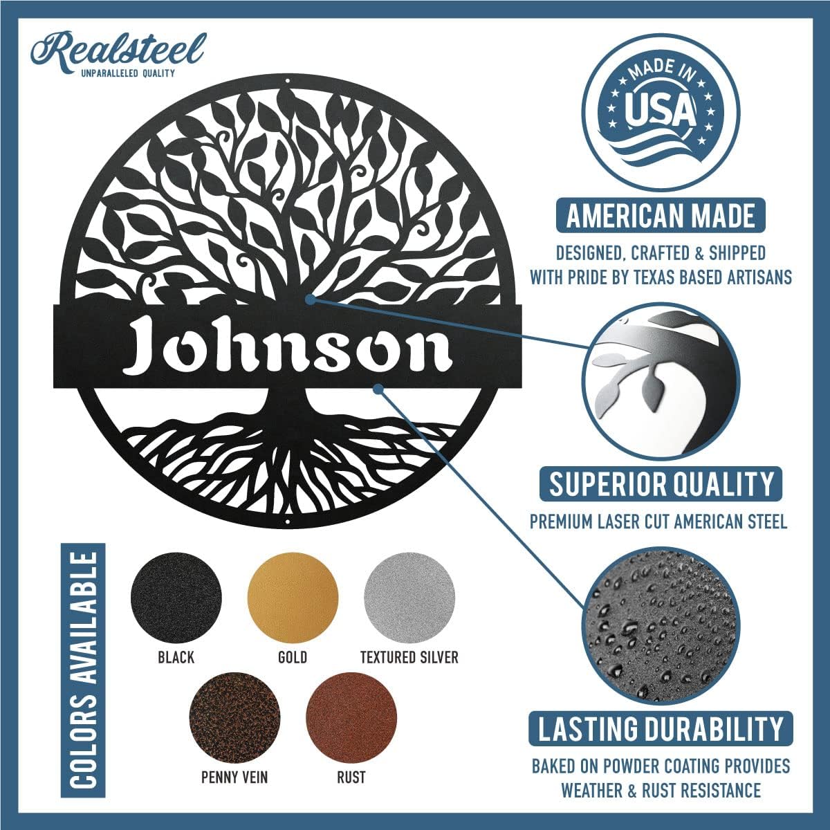 RealSteel Personalized Metal Wall Art - Custom Tree of Life Design with Family Name - Circular Metal Sign - Personalized Wedding, Anniversary, or Housewarming Gift - Black, 30"