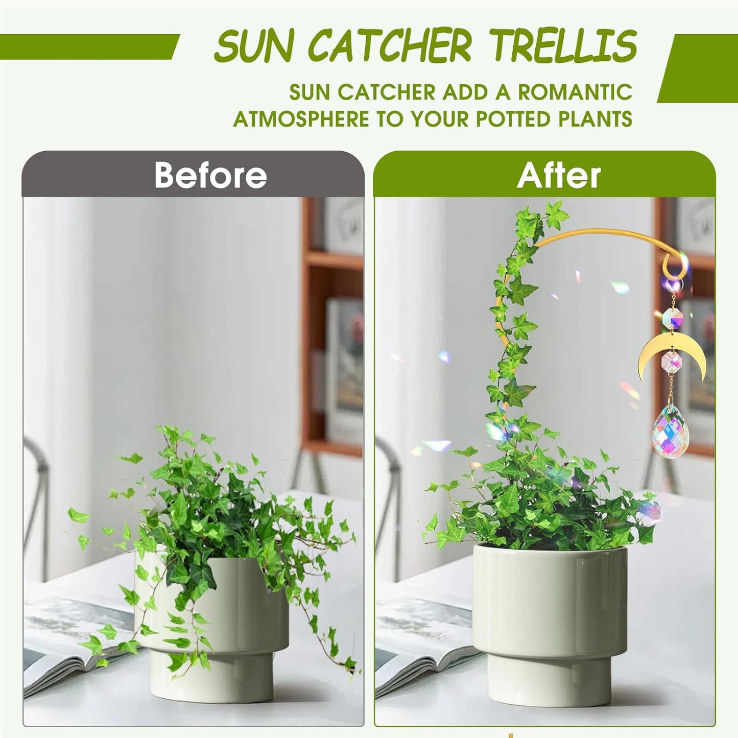 Plant Trellis for Potted Plants with Colorful Crystal Sun Catcher, 17.5 Inch Metal Plant Stakes for Indoor,Plant Accessories Indoor for Home Garden,Plant Lover Gift (Gold)