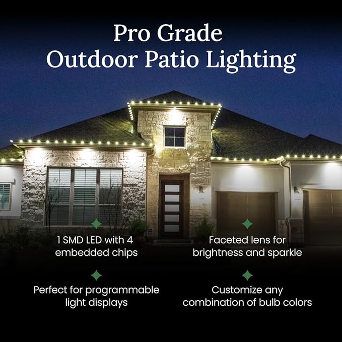 Pro Christmas C9 LED Christmas Light Kit for Rooflines & Pathways – DIY Cut to Length, Outdoor Commercial Grade (White Wire w/Vampire Plugs, 25 Bulbs, 25 ft) Cool White