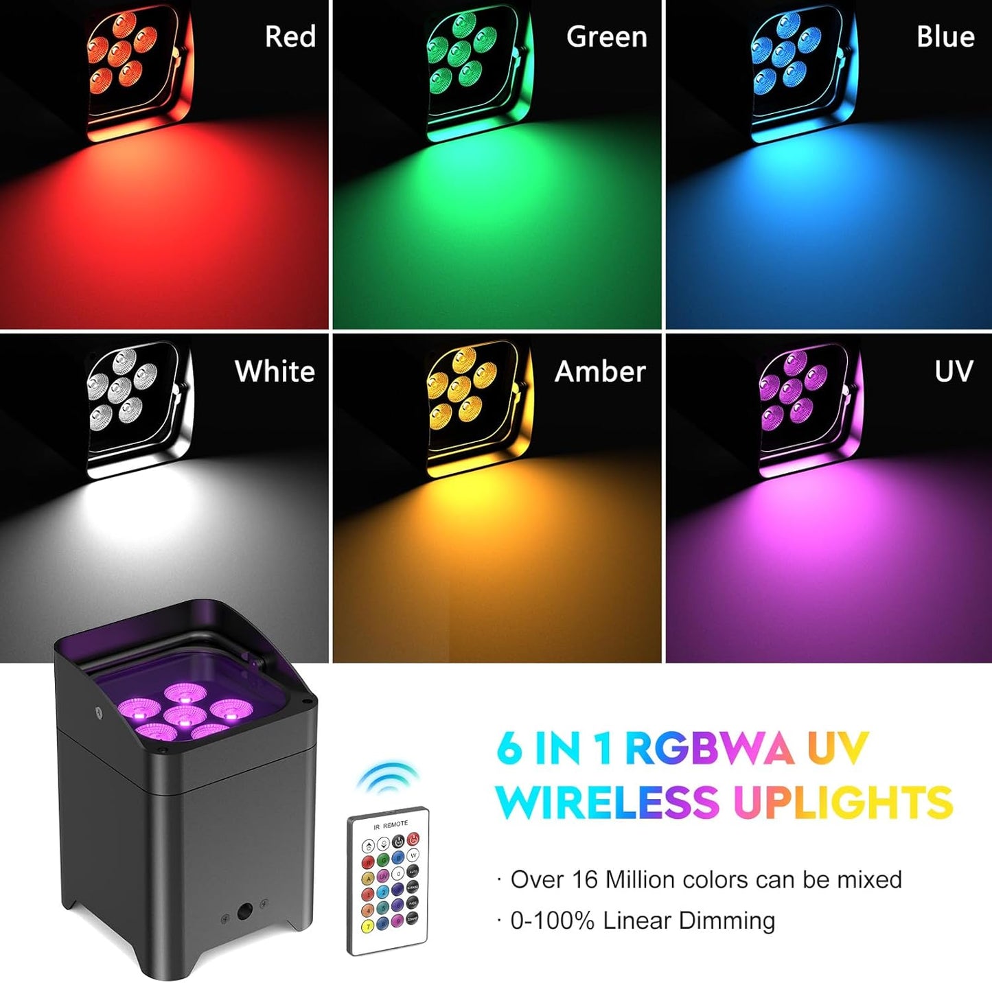 9600mAh Wireless Uplights, 6x18W RGBWA UV Rechargeable Stage Lights, APP/DMX512/Remote Controlled Par Lights, Battery Powered Uplights for Show, Party, Festival, Event, 6 Pack