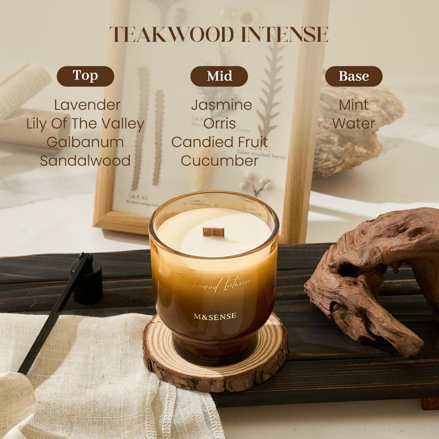 M&SENSE 9.88oz Natural Soy Wax Jar Candle with Wooden Wick | Teakwood Intense Scent | 55-Hour Burn & Long-Lasting Burn | Housewarming Gift for Men and Women