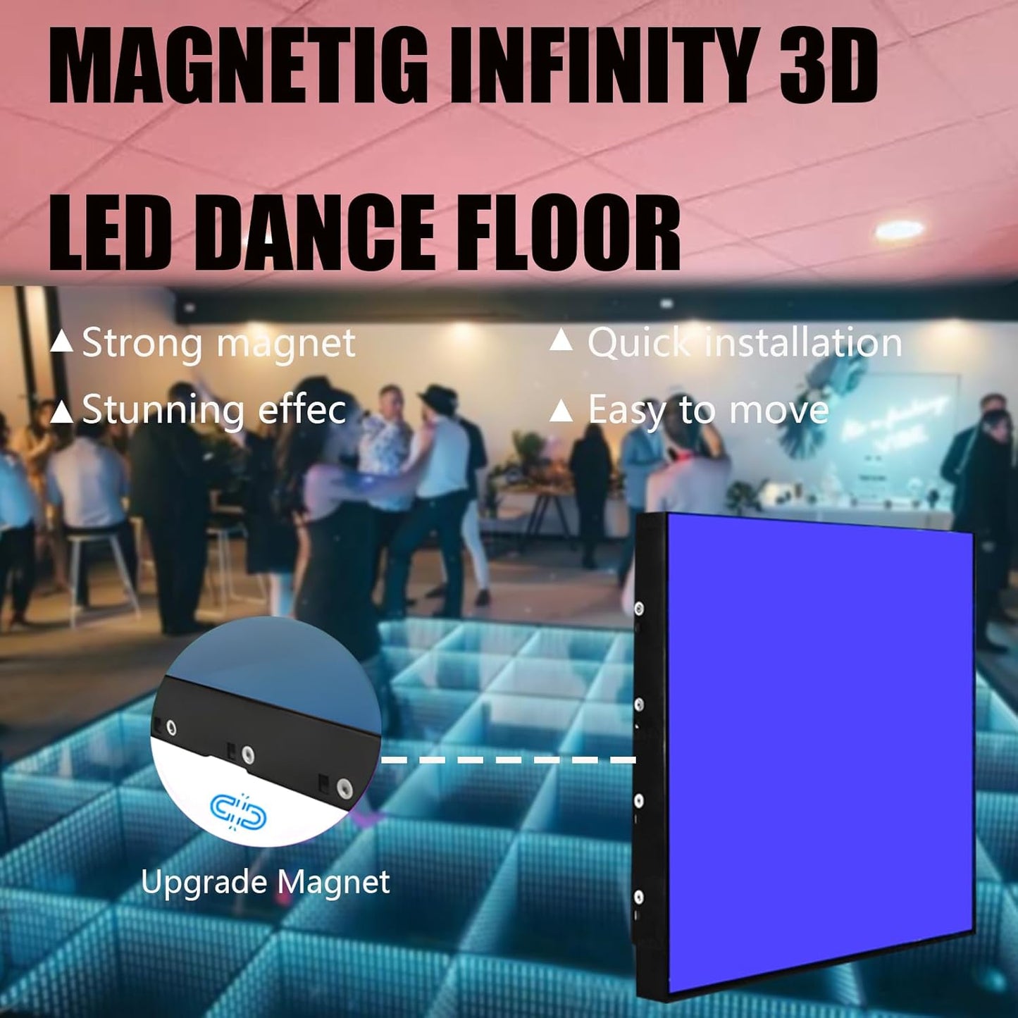 Dance Floor Stage Lights Tempered Glass Infinity Mirror Panel 3D Effect Led Dance Floor for Wedding Party Customizable (RGB-Magnetic, 64PCS(13.1fFTX13.1FT))