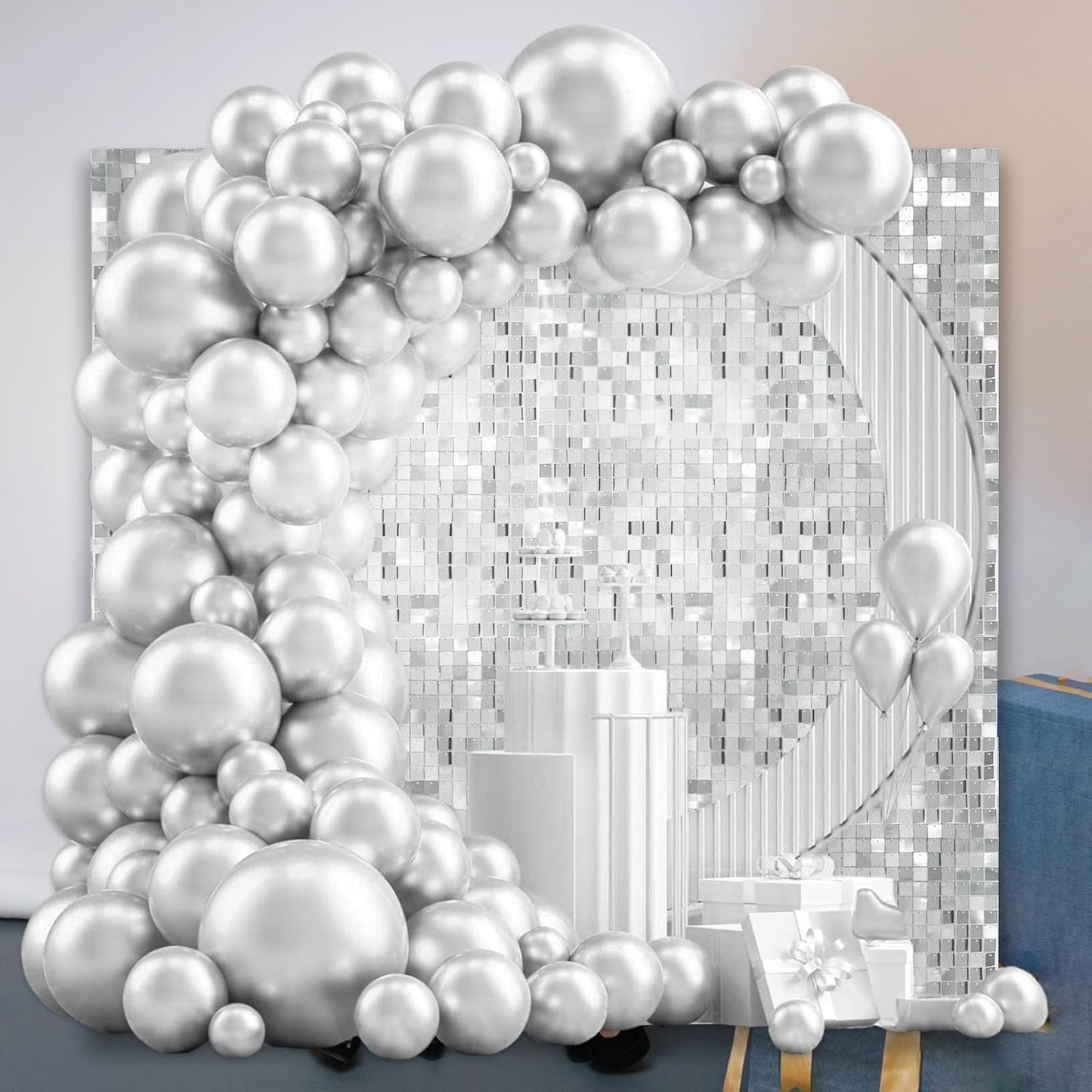 12PCS Silver Shimmer Wall Backdrop, Square Sequin Photo Backdrops Panel, Glitter Wall Background for Birthdays, Weddings, Engagements, Baby Showers, Disco Bachelorette Party Decoration (3FTx4FT)