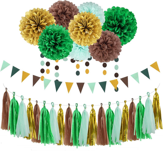 Sage Green Gold Party Decorations - 30pcs Hanging Decoration Birthday Party Tissue Paper Flowers Wedding Pennant Banner Neutral Baby Shower Circle Dots Garland Engagement Tassel Bridal Shower Decor