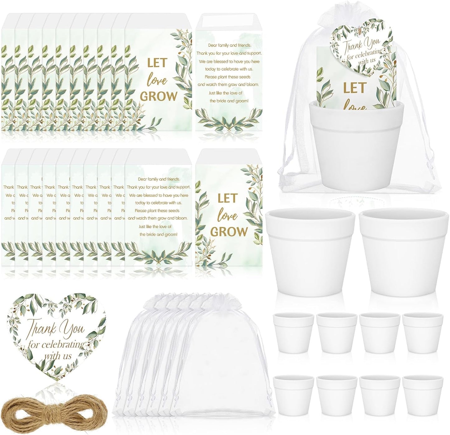 Ctosree 50 Sets Let Love Grow Wedding Favors for Guests Include Self Adhesive Seed Packets (Seed Not Include) White Flowerpot Thank You Tags and Organza Gift Bags for Bridal Shower Wedding Party Favor