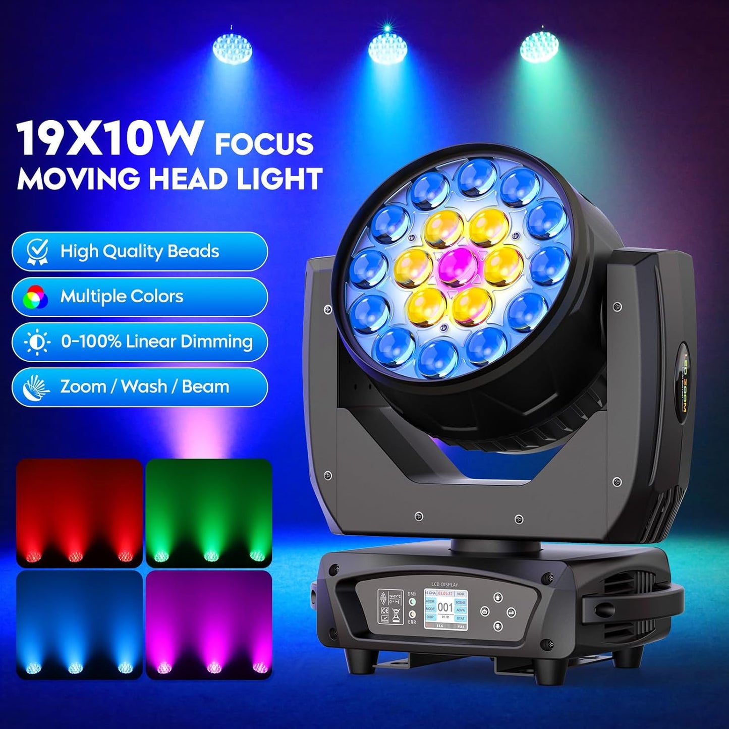 19x10W Moving Head Light Focusing/Beam/Wash/Zoom Effect Stage Lights 4-in-1 LED DMX512 & Sound Activated Control for DJ Disco Nightclub KTV Bar Theater Shopping Mall (2 PCS)