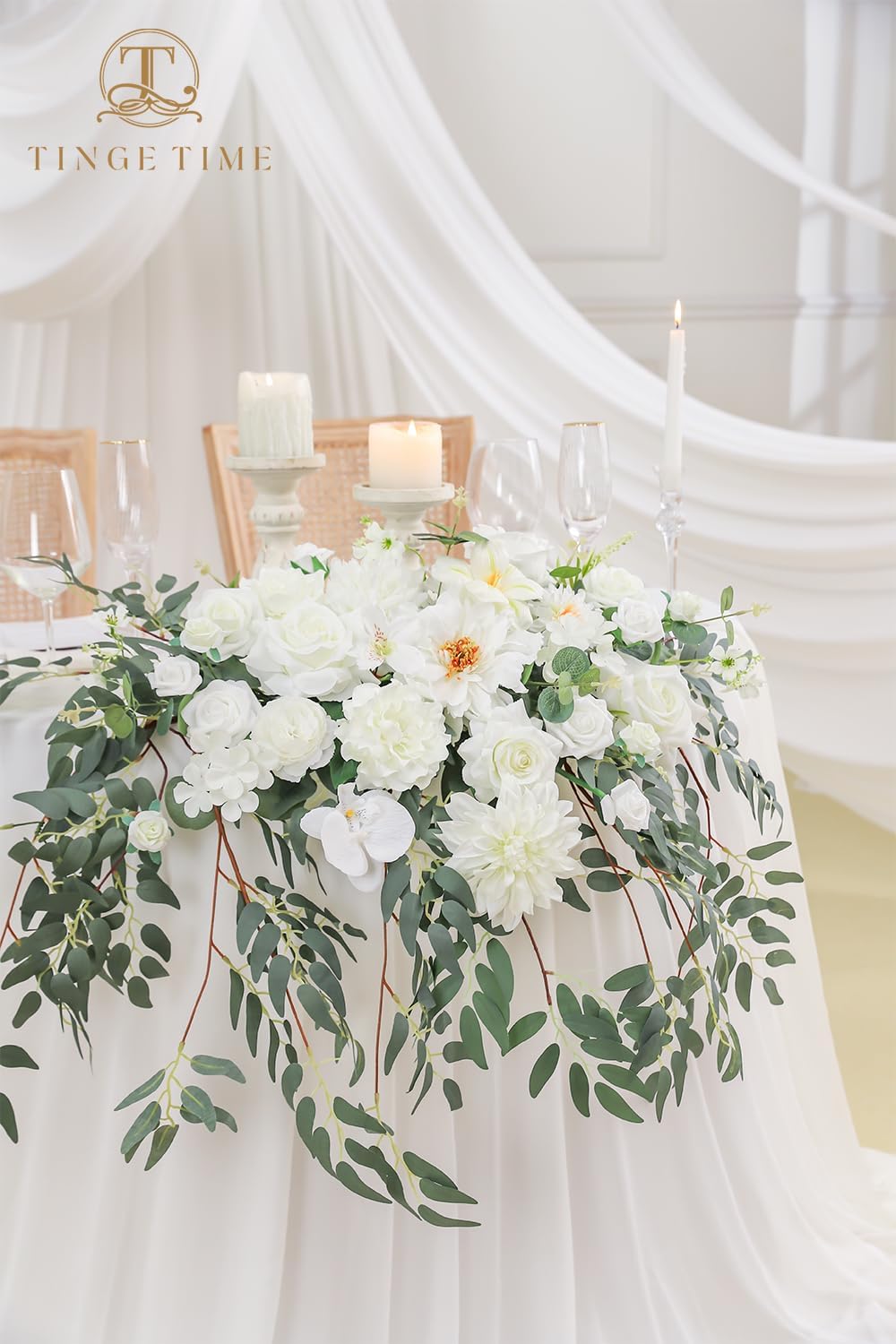 TINGE TIME Artificial Sweetheart Flower Swag with Table Cloth and Table Runner, Pack of 3 Floral Arrangement for Wedding Sweetheart Desktop Centerpiece Decoration Valentine's Day (IvoryWhite)