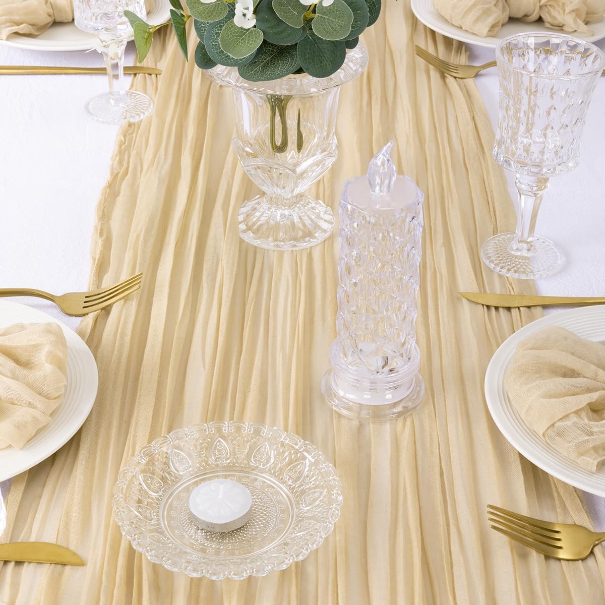 6Pcs Shallow Khaki Cheesecloth Table Runner 120 Inch10FT Champagne Rustic Boho Cheesecloth Table Runnerfor Wedding Party Baby Shower Birthday Home Decor Holiday Decorations