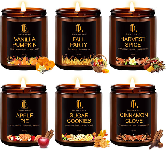 Fall Candle Set, Fall Scented Candles for Home, 6 Pack Soy Candle Set, Autumn Gifts for Women Men, Autumn Scents of Vanilla Pumpkin/Cinnamon Clove/Apple Pie/Harvest Spice/Sugar Cookies/Fall Party