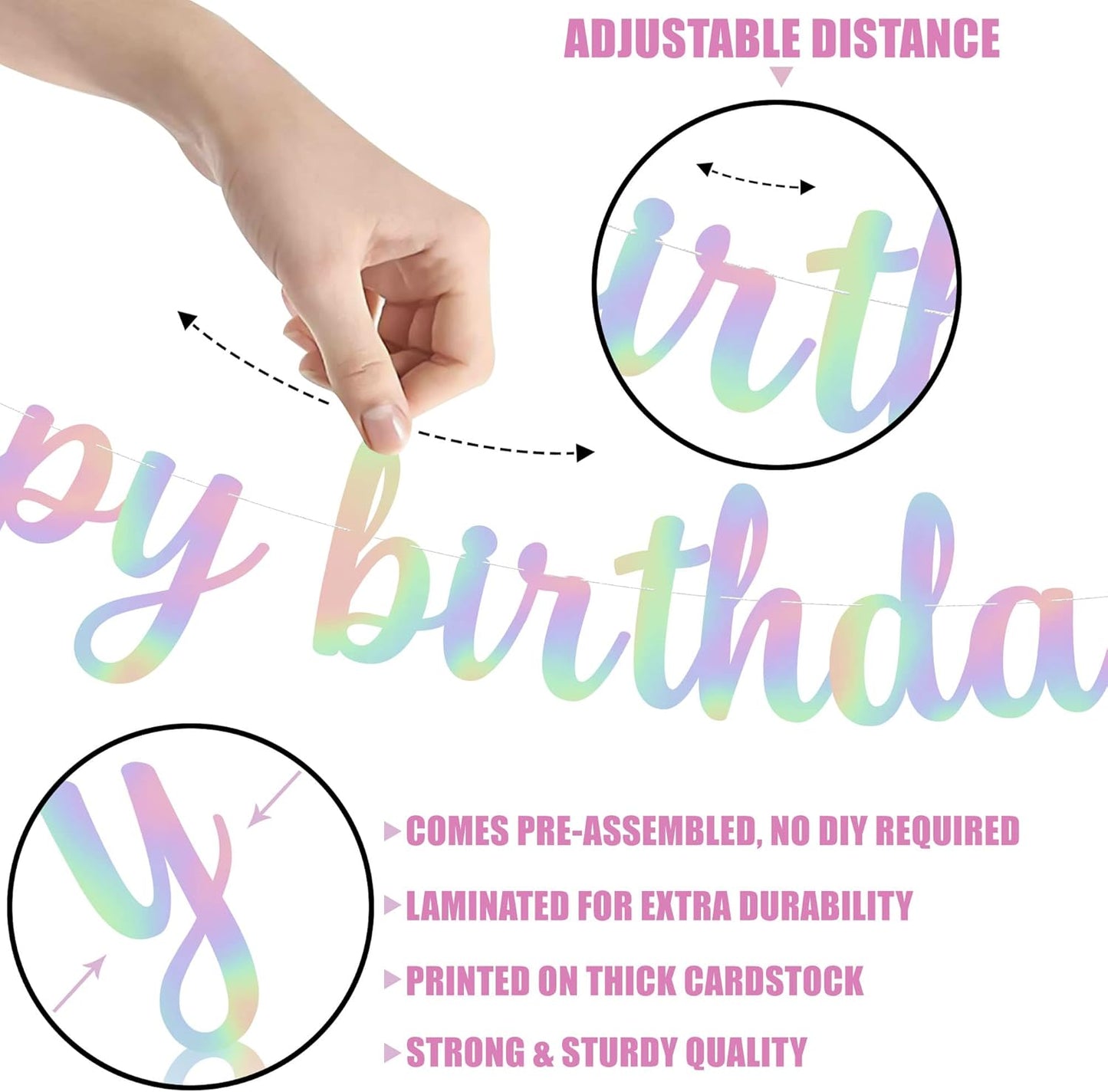 KatchOn, Pre-Strung Iridescent Happy Birthday Banner - 10 Feet | Iridescent happy Birthday Sign for Holographic Happy Birthday Decorations | Mermaid Birthday Decorations | Iridescent Party Decorations