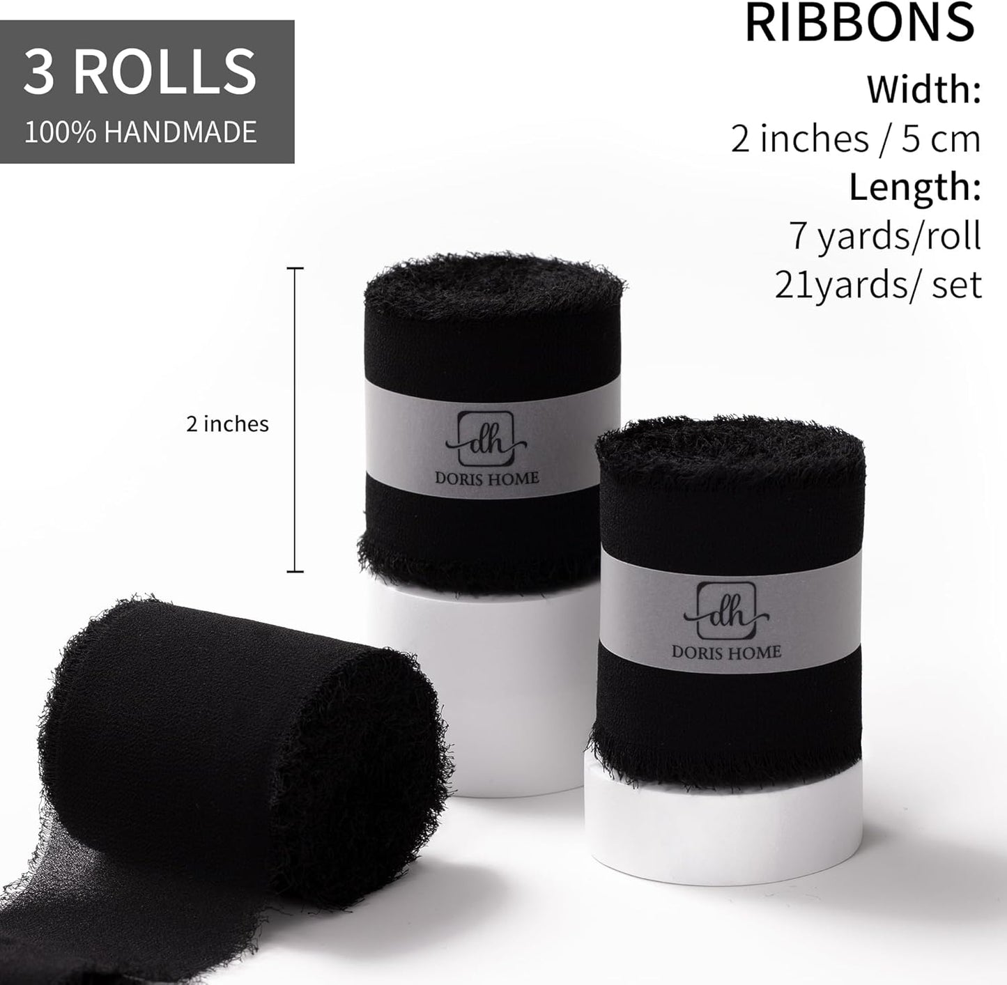 DORIS HOME Black Chiffon Ribbon for Flower Bouquet, 2" x21Yd Fabric Ribbon for Gift Wrapping, Handmade Frayed Ribbon for Wedding/Christmas Decorations