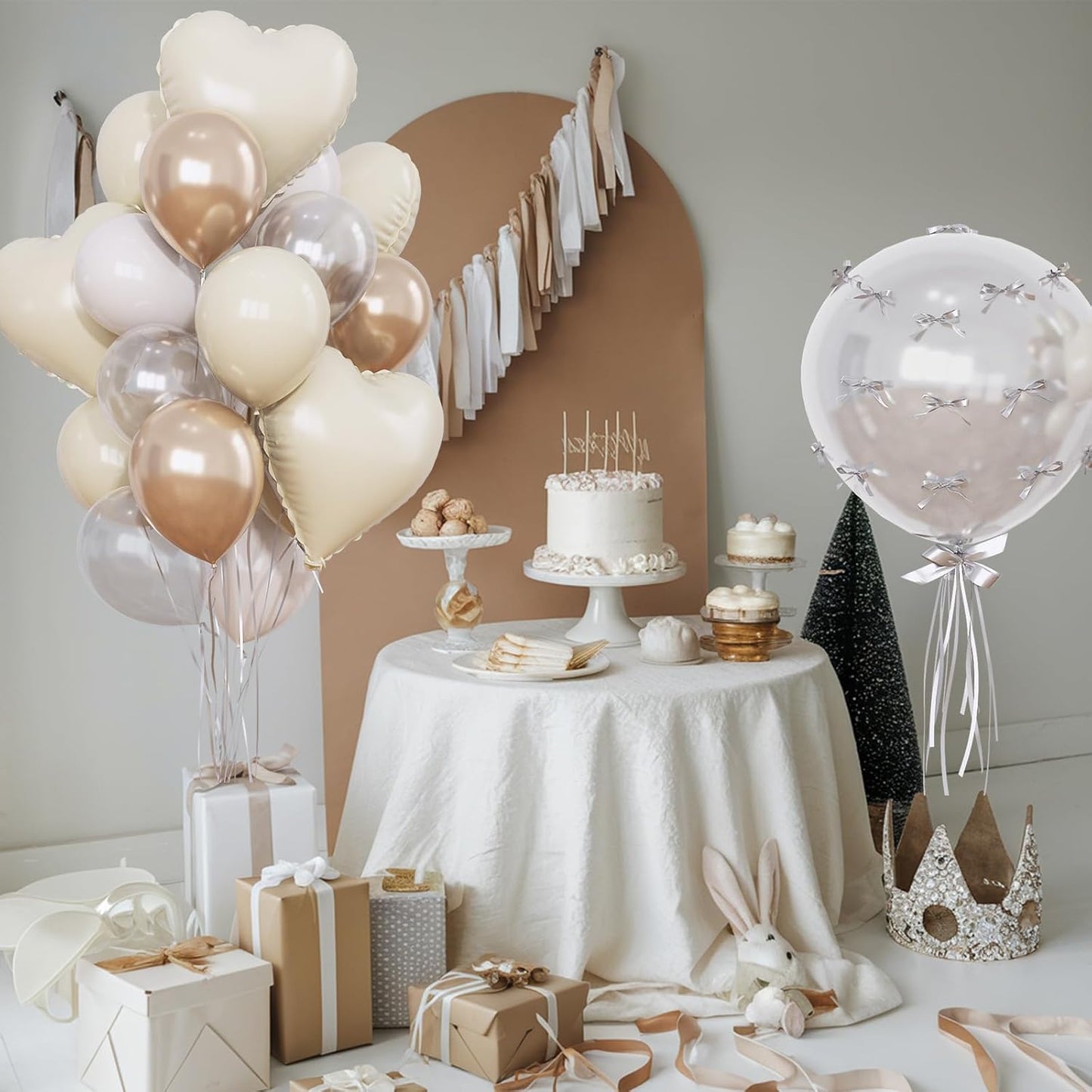 Cream White and Gold Balloons Beige Heart Balloon as Engagement Party Decorations, Metallic Champagne Gold and Sand White Nude Balloons 18 inch Clear Heart Shape Foil Balloon as Bride Wedding Decor