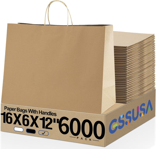 GSSUSA 16x6x12 Inches Large Paper Bags with Handles, 6000 Pack Brown Paper Gift Bag, Recyclable Kraft Paper Shopping Bags for Small Business, Party Favor, Craft Bag for Boutique