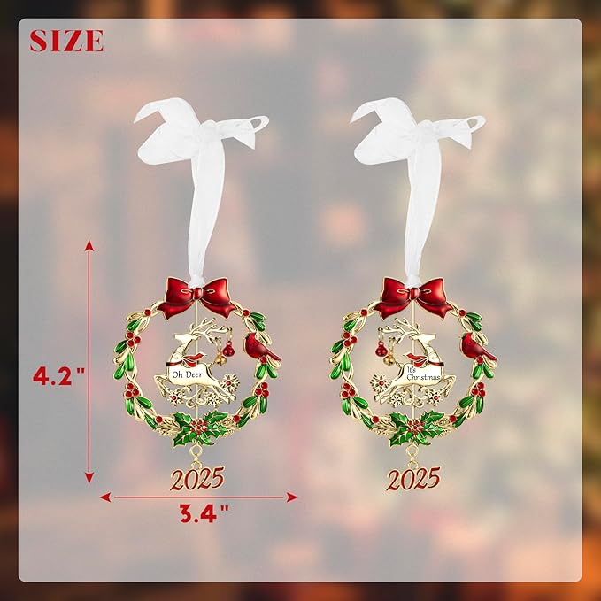 Christmas Tree Ornament Metal Silver Hanging Rotatable Design Charm Holiday Decorative Pendant Gift Keepsake (2025 Deer & Golden)