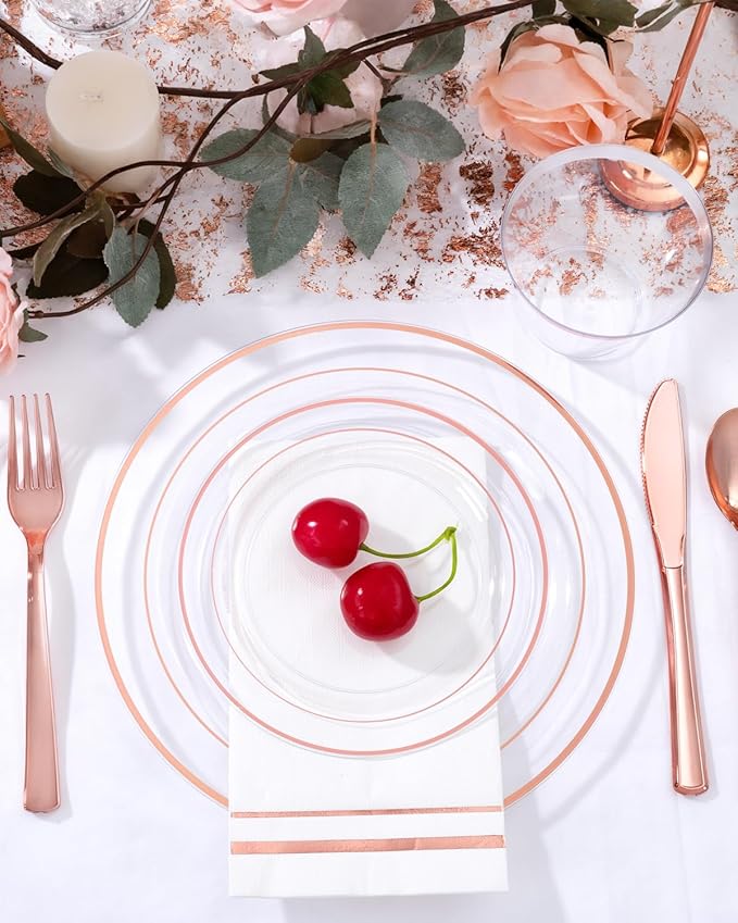 GATHER 700PCS Rose Gold Plastic Plates - Clear Rose Gold Rim Disposable Dinnerware Set Includes 200 Plates, 300 Silverware, 100 Napkins, 100 Cups for Party & Wedding & Valentine's Day