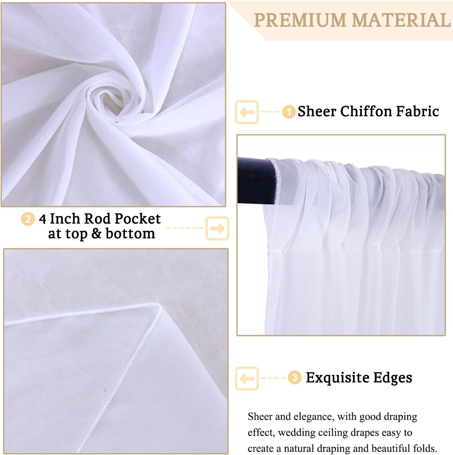 MODFUNS Ceiling Drapes for Weddings White Sheer Ceiling Draping 5x30ft 2 Panels Chiffon Ceiling Curtain Wedding Arch Draping Fabric Tulle Ceiling Drapery for Ceremony Arbor Party Stage Decoration