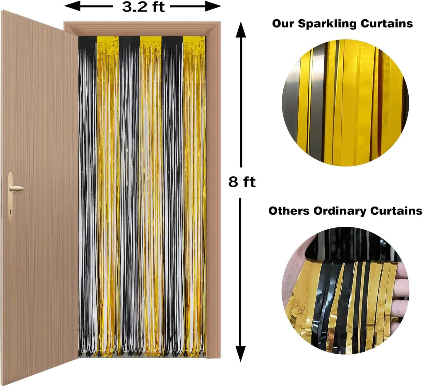 Melsan Foil Curtain Tinsel Backdrop - 3.2ft X 8ft Black and Gold Fringe Curtain Photo Streamers Backdrop for Halloween, Graduation, New Year EVE, Retirement Party Decorations - Pack of 2