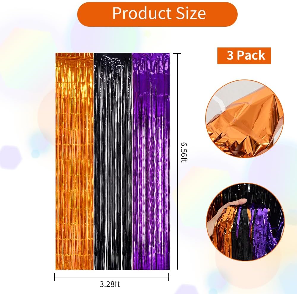 TONIFUL 2Pcs Orange Purple Black Metallic Tinsel Foil Fringe Curtains,3.28ft x 6.56ft Halloween Photo Booth Backdrop Streamer,Photo Props,for Party Door Wall Curtains Wedding Birthday(9.9ft x 6.6ft)