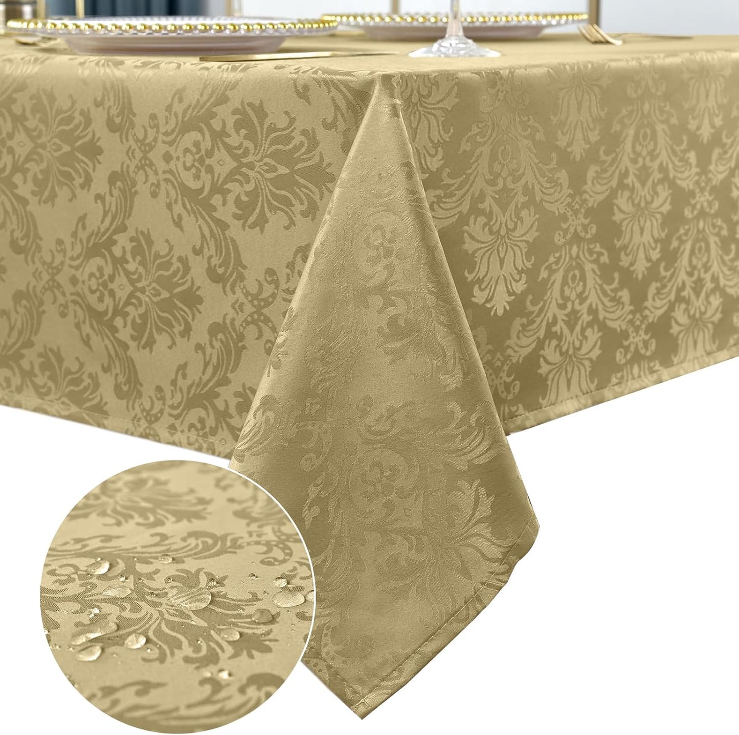 SASTYBALE Rectangle Jacquard Tablecloth - 60 x 84 Inch Spill Proof Wrinkle Resistant Damask Table Cloth, Soft Polyester Oblong Table Cover for Kitchen Parties Farmhouse, Gold