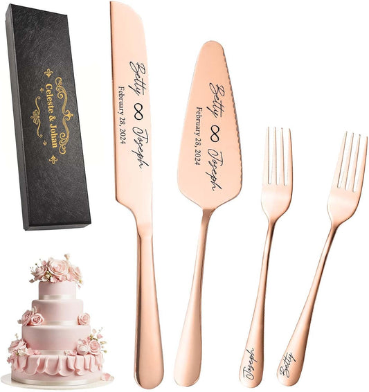 Personalized Wedding Cake Knife and Server Set Stainless Steel Forks Cake Cutter Server Engraved Cake Cutting Set for Wedding Anniversary Engagement Birthday Gifts