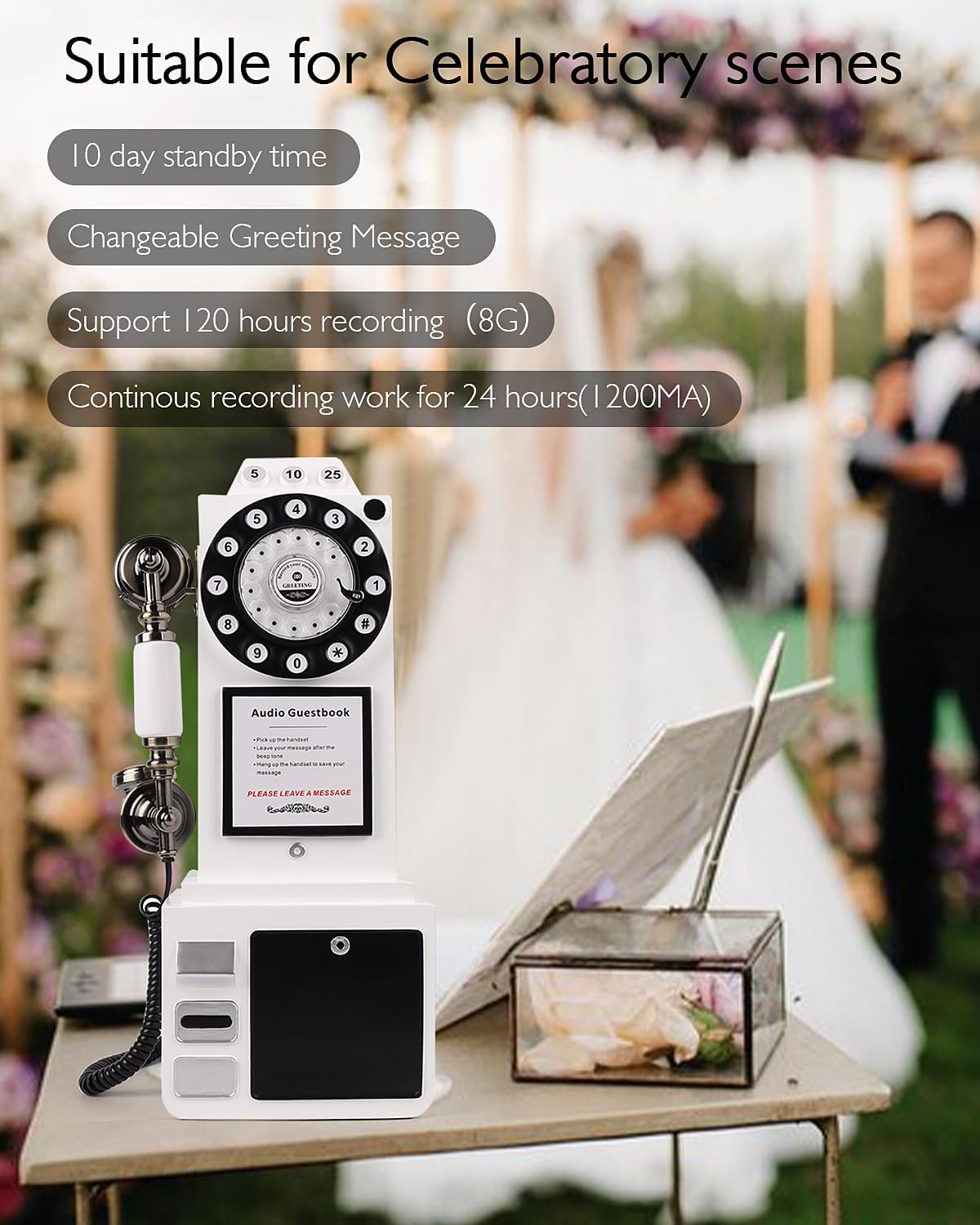 Audio Guest Book Wedding Phone with Vintage Design, Record Customized Audio Message Guest Book for Wedding, Party and Gathering, White