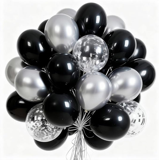 PartyWoo Black and Silver Balloons 65pcs 12 Inch Matte Black Metallic Chrome Silver Confetti Balloons for Graduation Baby Shower Men Birthday Wedding Anniversary New Year's Eve Party Decorations