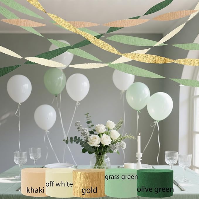 Olive Green Khaki Crepe Paper Streamers,Sage Green Party Decorations Streamer for Boho Wedding Baby Shower Party，6 Rolls