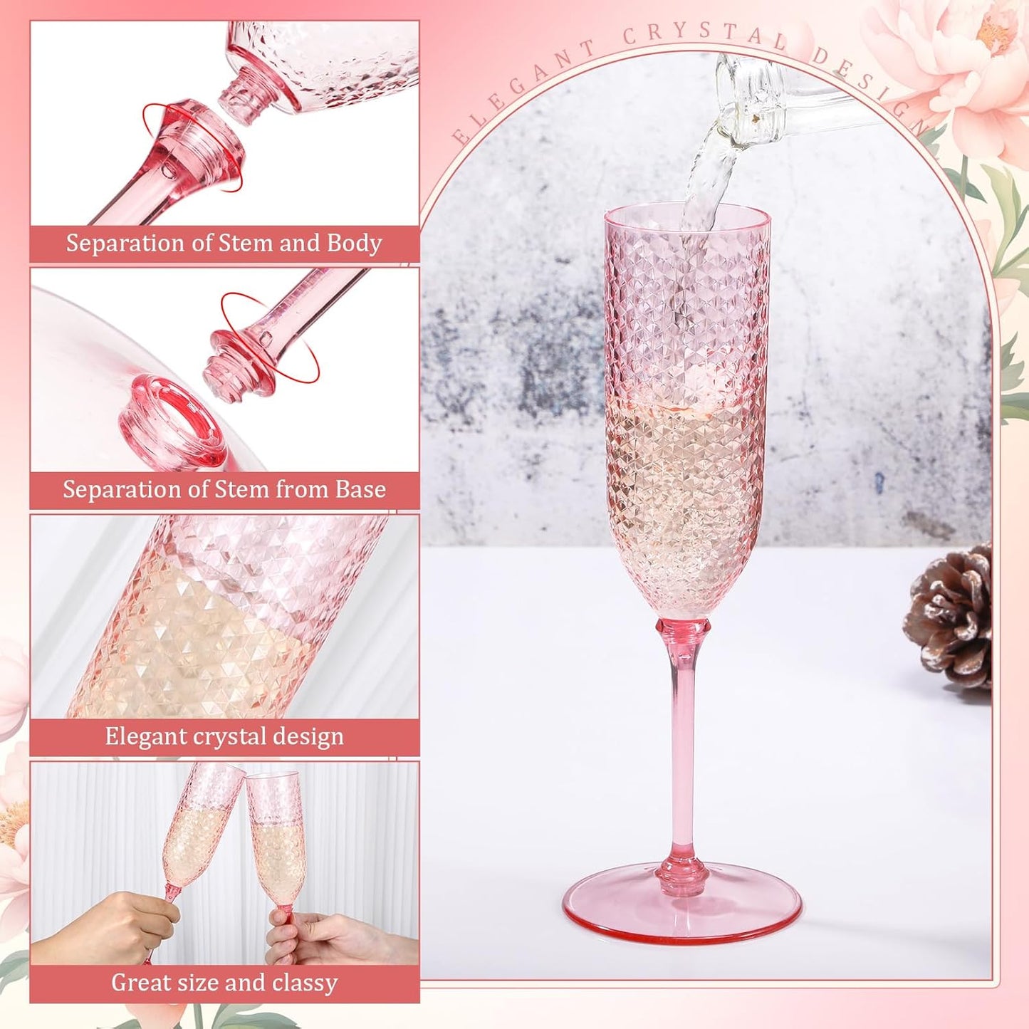 Remerry 24 Pack Detachable Plastic Champagne Flutes 5.5 oz Champagne Glasses Bulk Disposable Mimosa Glasses Reusable Wine Cups for Wedding Toasting Baby Shower Birthday Party New Years (Pink)