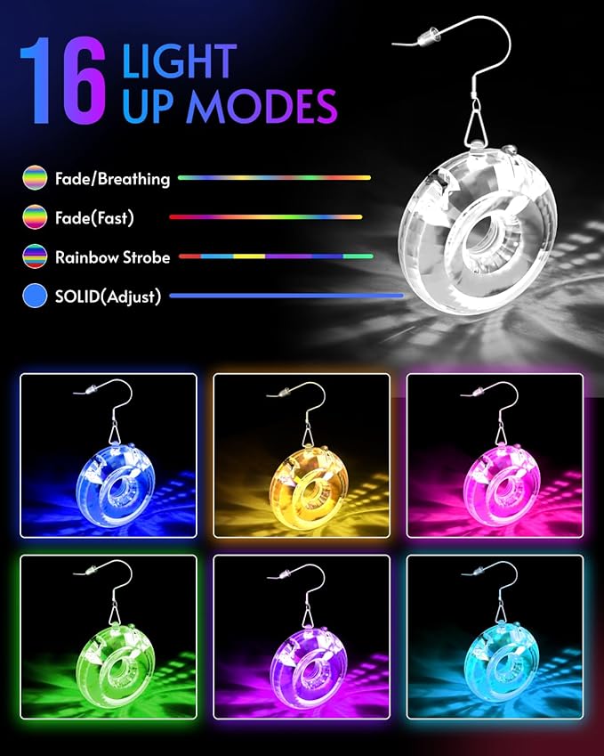 LED Hoop Disco Earrings with 16 Lighting Modes | USB-Rechargeable Wireless Light Up Earrings for Parties, Raves, Concerts & Festivals | Sparkling Dance Accessories for Women