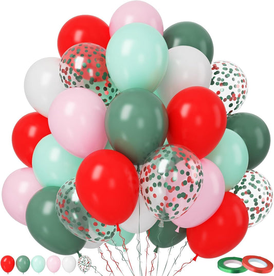 Paready Christmas Balloons, 50Pcs 12 Inch Red, Green, White, Pastel Pink Retro Bean Confetti Balloons for Birthday, Baby Shower, New Year, Christmas Party Supplies