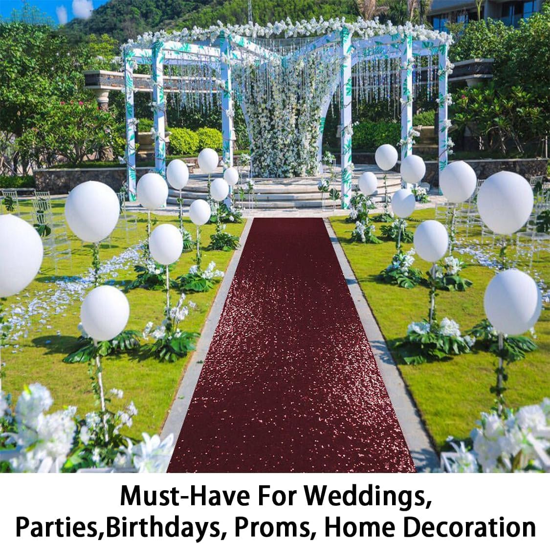 ShinyBeauty Sequin Aisle Runner Rug 4x15FT - Sparkly Burgundy Carpet for Wedding, Christmas, Party Decor - Glittering Floor Mat (48x180 Inch)