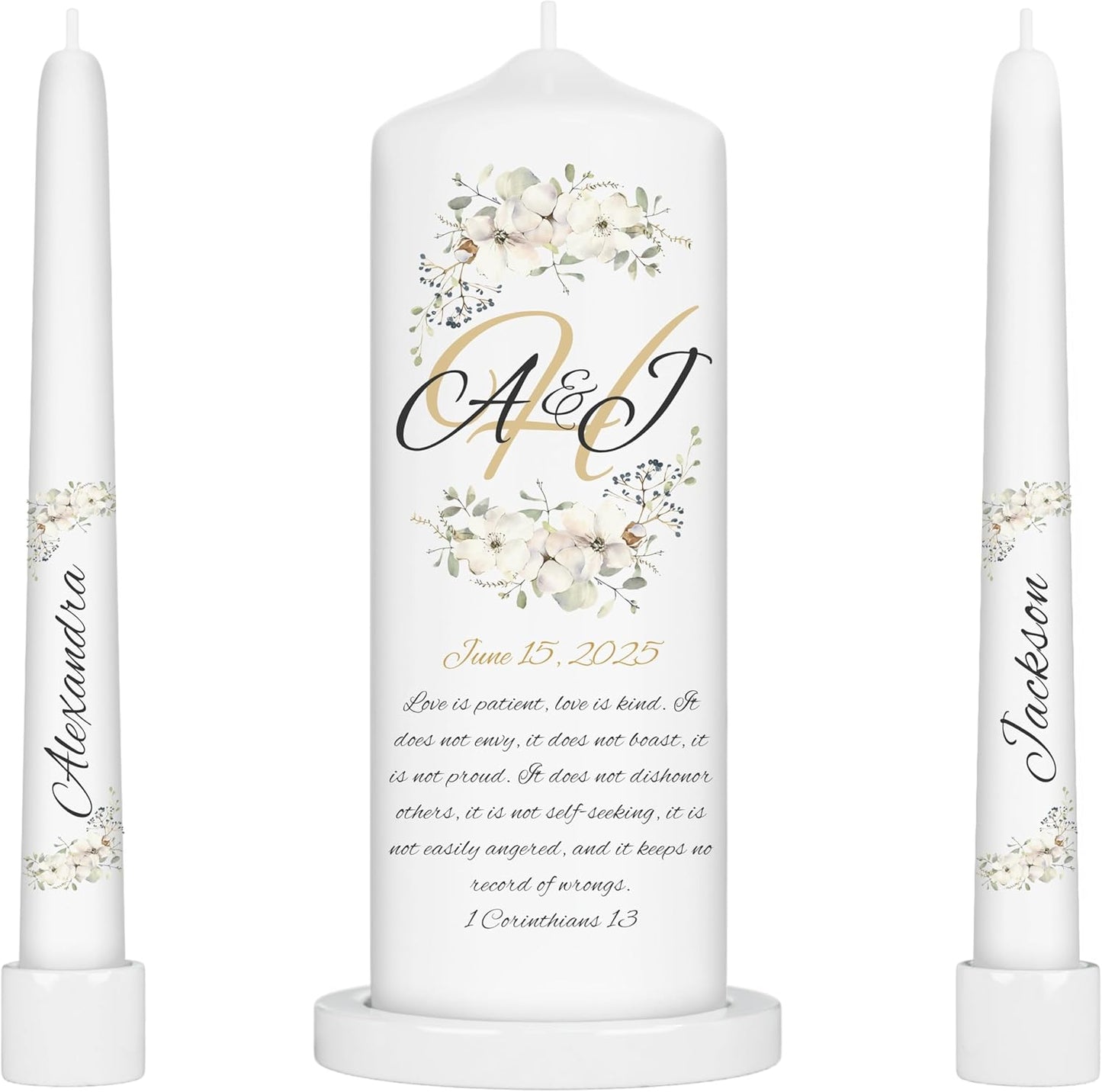 Unity Candles for Wedding, Modern Unity Set, Custom and Personalized Pillar and Taper Candles with Bible Quote, Unscented White Premium Wax, Religious and Wedding Ceremony, Special Events (Camellia)