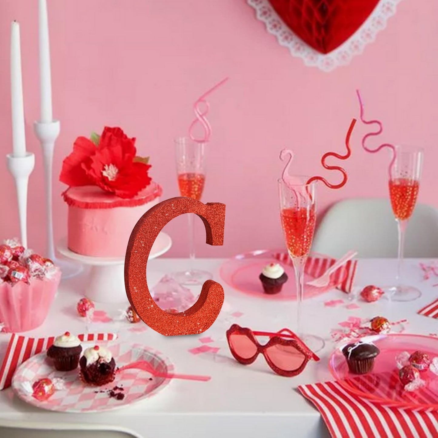 TONIFUL 8 Inch Red Glitter Letter C Table Centerpiece A-Z Red Birthday Party Decorations,Red Alphabet C for Birthday,Chrismas,Graduation,Bridal Shower,Wedding,Anniversary Party Supplies
