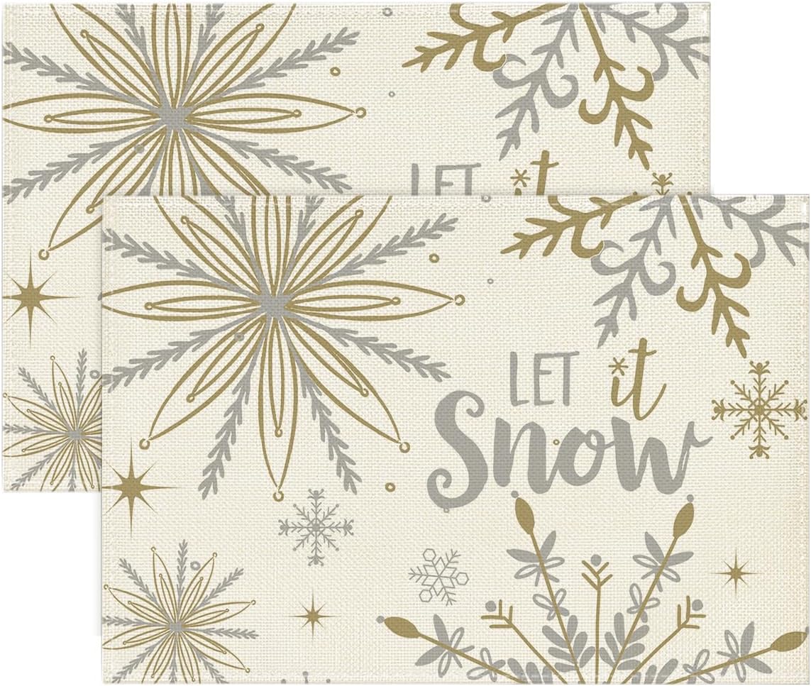 Artoid Mode Beige Snowflake Let It Snow Winter Placemats Set of 2, 12x18 Inch Seasonal Christmas Table Mats for Party Kitchen Dining Decoration