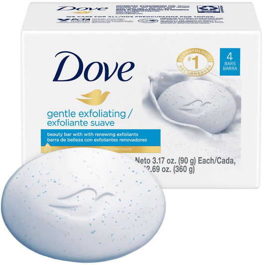 Dove Soap, Gentle Exfoliating Beauty Bar Pack (4 Soap Bars) – 3-in-1 Moisturizing Face, Body & Hand Soap, 3.17 Oz Ea
