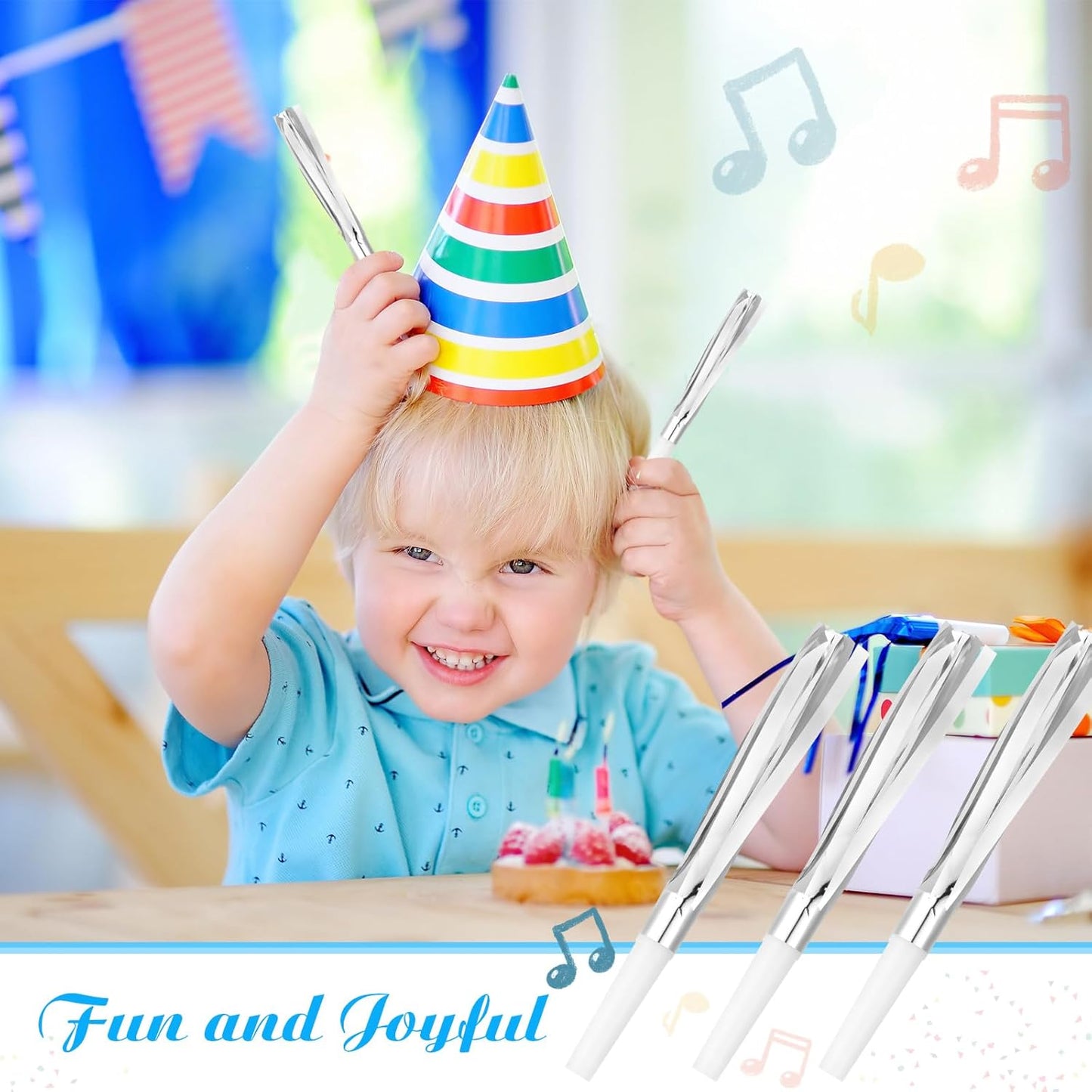 24 Pcs Silver Noise Makers Glitter Metallic Fringed Noise Makers Horns for Baby Shower, Kids Birthday, New Year Party Favor