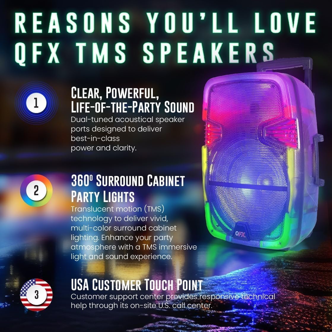 Crystal Clear Sound, Bright Party Lights, Portable & Easy to Use | 8" Rechargeable Bluetooth PA Karaoke Loud Party Speaker, 5-Hour Playtime | TWS, USB, TF, AUX, FM Radio | QFX | TMS-853