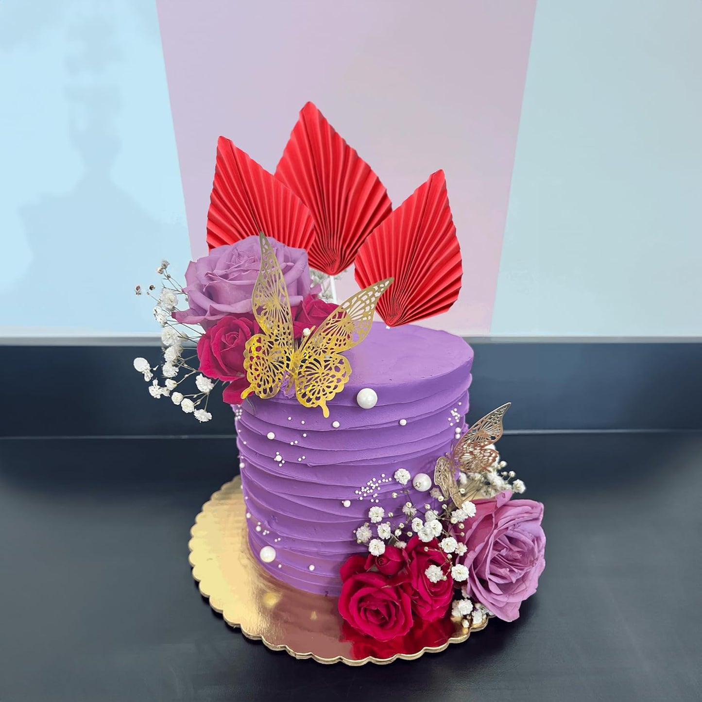 Gyufise 6Pcs Paper Palm Fan Cake Toppers Palm Spear Leaves Fan Cupcake Toppers Cake Insert Decorations Craft DIY Cake Bakeware Decoration for Birthday Party Wedding Party Decor Supplies Red