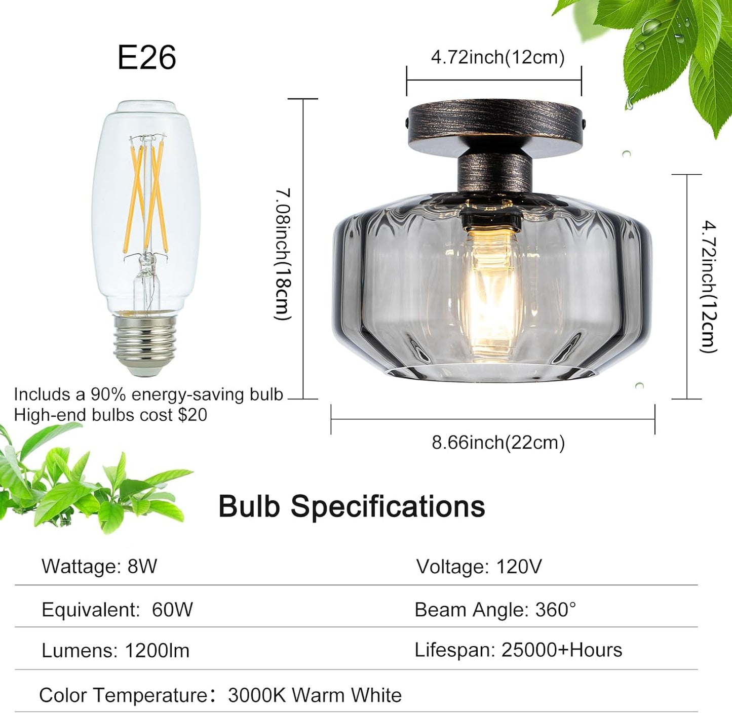 Smoked Glass Flush Mount Ceiling Light with 1200LM LED - Black Champagne Gold 8.66" Damp Rated Fixture for Bathroom Kitchen Hallway Modern Lighting