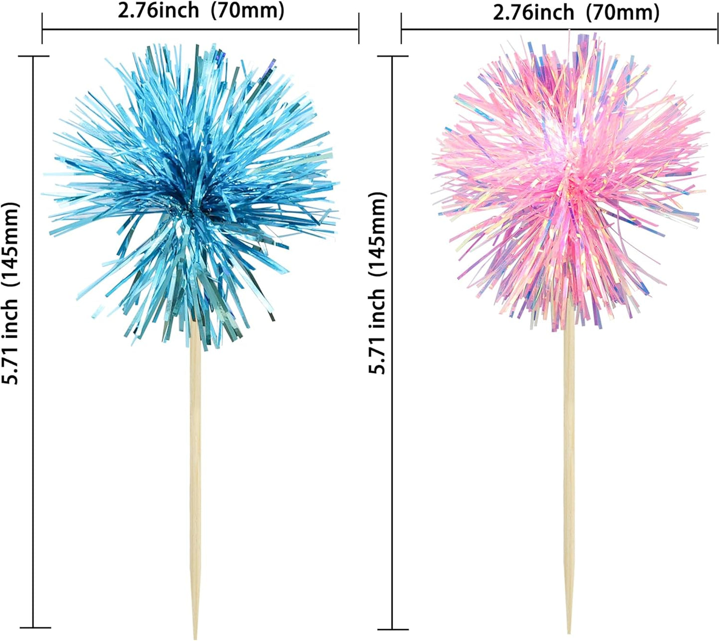 Gyufise 30Pcs Foil Firework Cupcake Toppers Sparkle Tinsel Cake Toppers Tinsel Drink Cake Decoration Cocktail Picks for Birthday Wedding Graduation Party Supplies Light Blue Pink