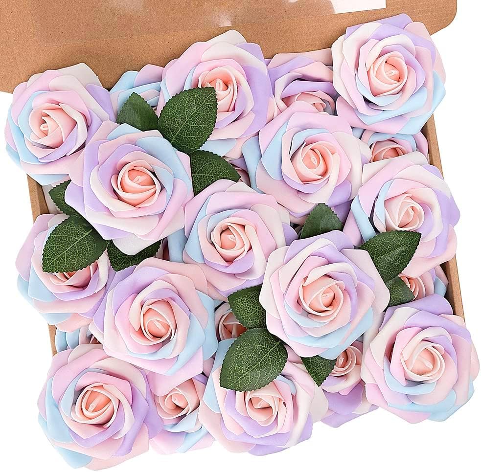 N&T NIETING Artificial Flowers, 25Pcs Fake Flowers Roses Perfect for DIY Wedding Bouquets Centerpieces Bridal Shower Party Home Flower Arrangement Decorations, Rainbow Color