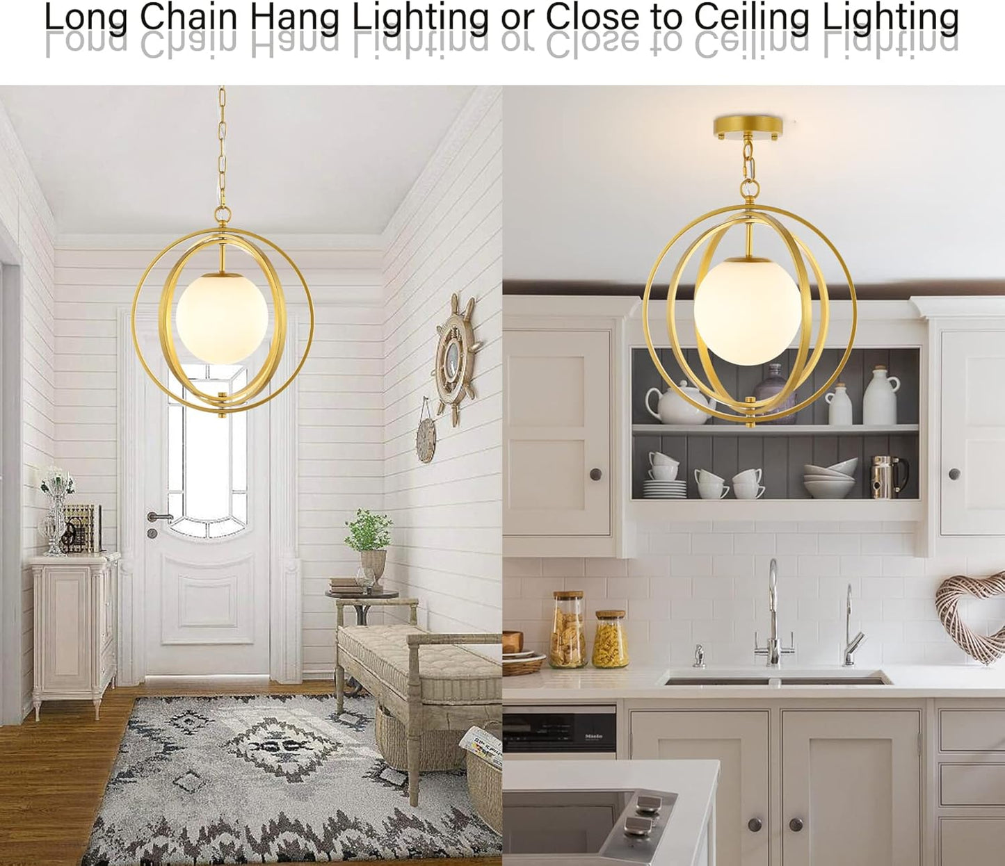 Gold Orb Chandelier 1 Light Globe Pendant Light Fixtures with White Globe Glass Lampshade Hanging Ceiling Light for Dining & Living Room, Bedroom, Foyer and Kitchen Island